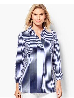 Talbots Blue & White Striped Cotton Poplin Tunic Blouse - Size M